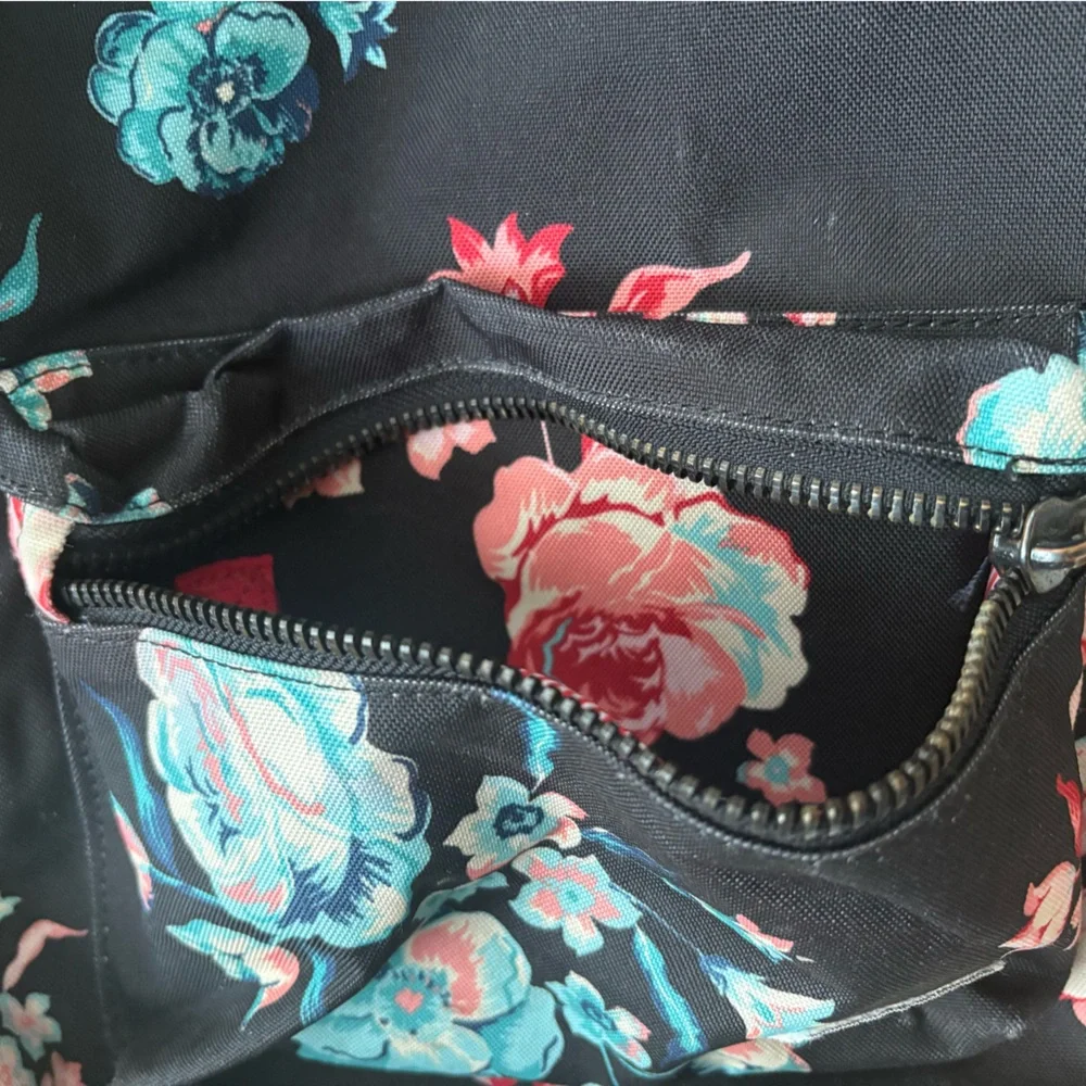 Herschel Backpack Black w/ Multicolor Floral Pattern Striped Lining Front Pocket